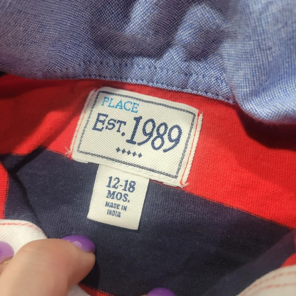 The Children's Place Rugby Polo Boys 12-18M Red Navy Striped Long Sleeve Preppy